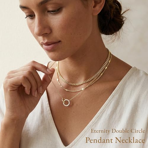 WomenGifts Layered Gold Necklaces for Women, 14K Gold Sterling Silver Plated Dainty Pendant Necklace Set Non Tarnish, Chunky Stackable Cuban Chain Choker, Trendy Birthstone Vacation Jewelry Gift - color: Gold, style: Double Circle