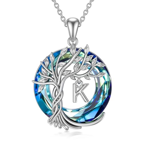 TOUPOP Gifts for Women Tree of Life Initial Necklace 925 Sterling Silver Letter Pendant with Blue Crystal Birthday Jewelry Gifts for Women Her Mom Wife Daughter - color: Tree of Life K Initial