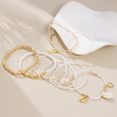 Shell Bracelet Seashell Boho Beaded Stretch Bracelets for Women Summer Beach Bracelets Starfish Charm Bracelet Stackable Gold Plated Bracelets Set for Women - color: c-white