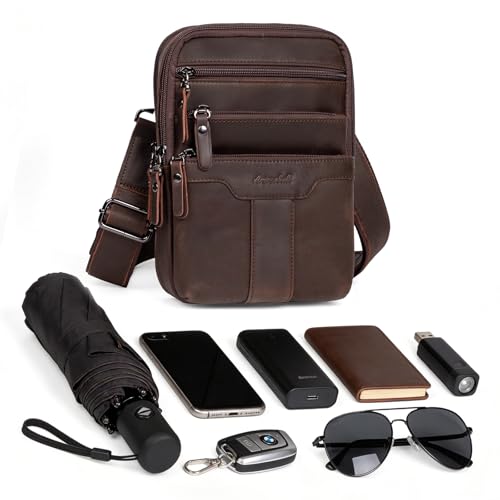 Leather Messenger Bag for Men, Small Leather Sling Shoulder Bag Messenger Pack for Men, Man Purse - color: Medium Dark Coffee