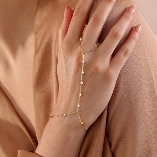 BAYLAY Hand Chain Bracelet, 14K Gold Plated Ring Bracelet Hand Chain Dainty Gold Bracelet for Women Trendy Finger Ring Slave Bracelets Hand Jewelry for Women Summer Beach Boho Gifts Trendy Stuff - color: Pearls