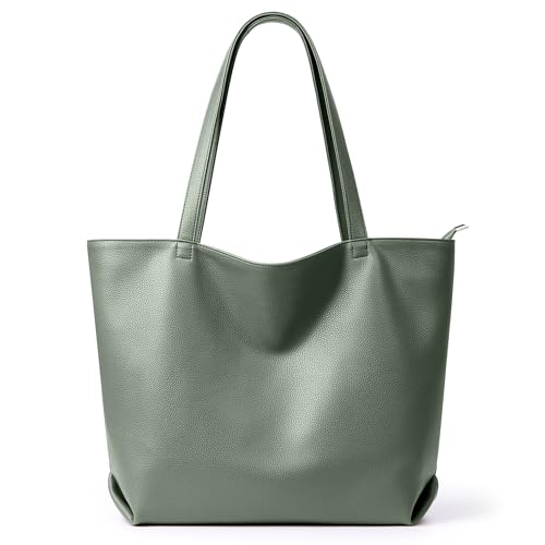 WLLWOO Soft Vegan Leather Tote Bag for Women Large Casual Hobo Handbags Zipper Shoulder Work Daily Weekender Travel Purse - color: Grey Green