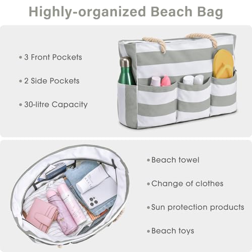 Becokan Beach Bags for Women Canvas Large Beach Tote Bag Zipper Waterproof Sandproof Foldable Swim Pool Bag with 7 Pockets - color: Light Grey