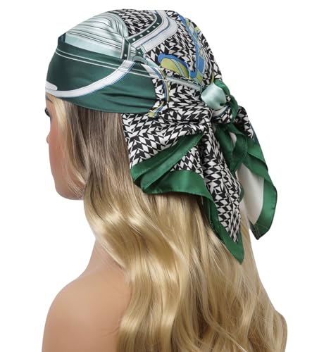 CHUNG Women's Scarf Hair Bandanas Square 27.5" Satin Wrap Fashion Pattern Scarves Emulation Silk Handbag Ribbons Necktie - color: Green Stripe-71#