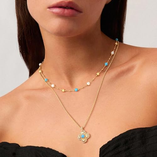 Created Turquoise Necklace for Women 14K Gold Plated Beaded Heart Choker Boho Necklaces Handmade Beach Summer Everyday Western Jewelry Gifts - color: Gold Chain, style: Pearl Beaded