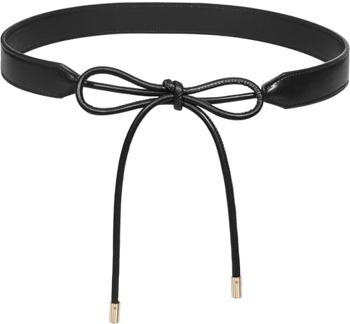 Women PU Leather Tie Waist Belts Knotted Thin Skinny Rope Waistband - color: Black