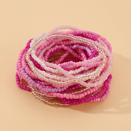 17pcs Bohemian Stackable Multilayer Elastic Bracelets - Handmade Seed Beaded Jewelry for Women & Girls - color: 30Pcs Pink