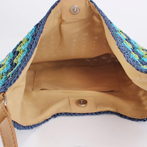 Straw Hobo Bag for Women 2026 Boho Woven Beach Purse Large Summer Straw Tote with Lining Black Raffia Shoulder Bag | straw material - color: Blue