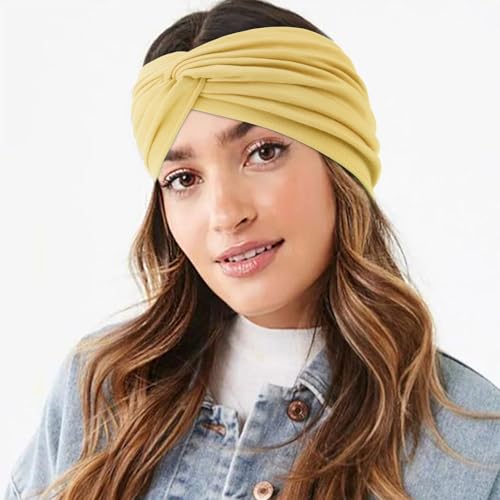 AQOKKA Extra Wide Headbands for Women Large Turban Headband Non Slip Boho Elastic Hairband Hair Twisted Knot Head Bands Accessories - color: 4 Pcs Solid: Rose Red, Light Blue, Light Yellow, Grass Green