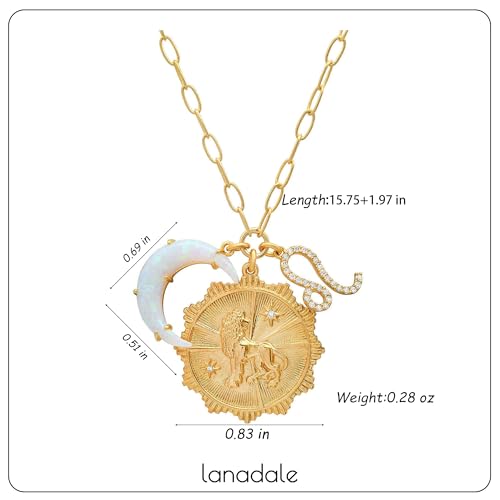 Dainty Gold Zodiac Embossed Coin Opal Crescent Moon Charm Necklace for Women Trendy 18K Gold Plated Retro Paperclip Chain 12 Constellation Horoscope Necklaces Astrology Jewelry Gifts - style: 5.LEO (JUL 23-AUG 22)