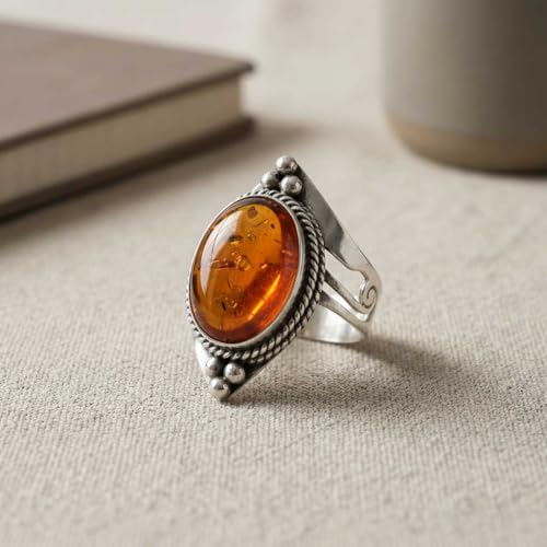 Handmade 925 Sterling Silver Plated Ring Natural Gemstone Carnelian, Rose Quartz, Tiger Eye, Crystal Oval Boho Jewelry For Women - color: Amber