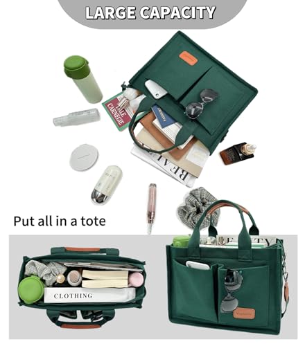 Large Canvas Tote Bag for Women Work Tote Bags with Pockets Laptop Crossbody Purses Everyday Bag Handbags for Travel - color: New Upgrade Plus Dark Green