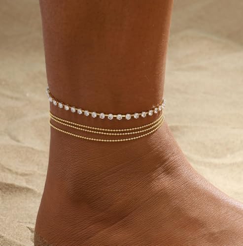 2/3 PCS Gold Anklets for Women Waterproof Cuban Link Anklet Beaded Bracelets Stackable Bracelets 14K Gold Plated Custom Jewelry Gifts Non Tarnish Lightweight - style: Gold Anklet 10