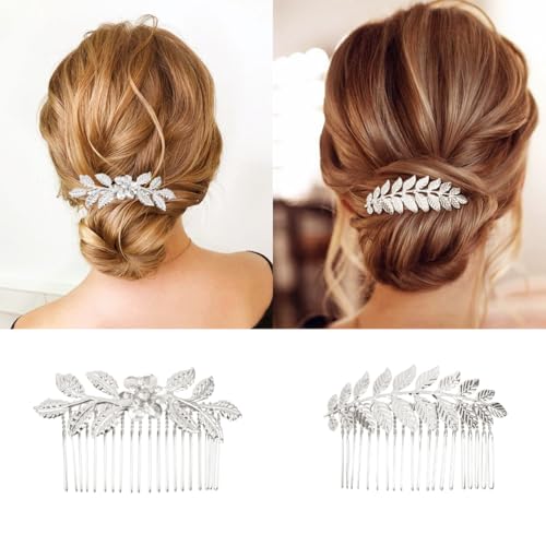 5 PCS Leaf Hair Side Combs Gold Rhinestone Hair Comb Clips with Teeth Wedding Headpiece Hair Accessories for Women, Girls, Bride, Bridesmaid(Silver) - color: Silver