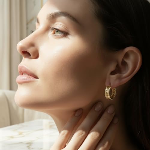 14k Yellow Gold Twisted Braided Hoop Earrings for Women, Textured Beaded Huggie Earrings, Hypoallergenic Minimalist Statement Jewelry 23.3mm*9mm