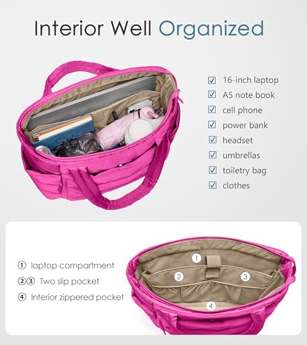 Tote Bag for Women with Zipper, Quilted Puffer Tote Bag with Compartments, Lightweight Puffy Work Bags for Women Travel - color: Raspberry Pink