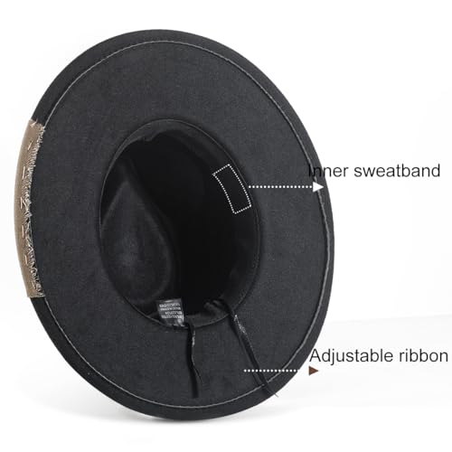 Womens Boho Fedora Hat Wide Brim Fedora Mens Handmade Flat Brim Hats - color: 2black