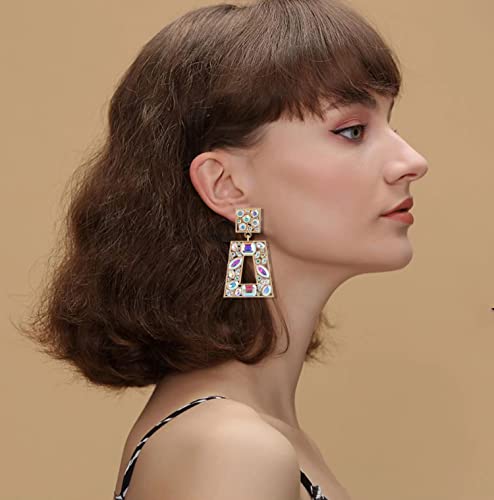 Rhinestone Rectangle Statement Earrings Colorful Crystal Geometric Drop Dangle Earrings for Women Prom Party - color: ab