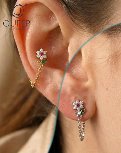 OUFER 16G Threadless Flat Back Cartilage Stud with Chain Dangle, Flower CZ Cluster Labret for Helix/Conch/Tragus/Lobe, 316L Stainless Steel, 6mm Post - color: Silver