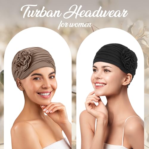 JenPen 4 Pcs Cotton Chemo Headwear for Women Turban Soft Cancer Head Scarf Hats Beanie Elastic Hair Wraps - color: Black, Khaki, Wine Red, Brown