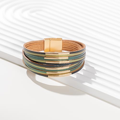 FANCY SHINY Boho Leather Bangle Bracelets Stackable Noodle Tube Bracelets Layered Wrap Cuff Bracelets with Magnetic Clasp - color: Green