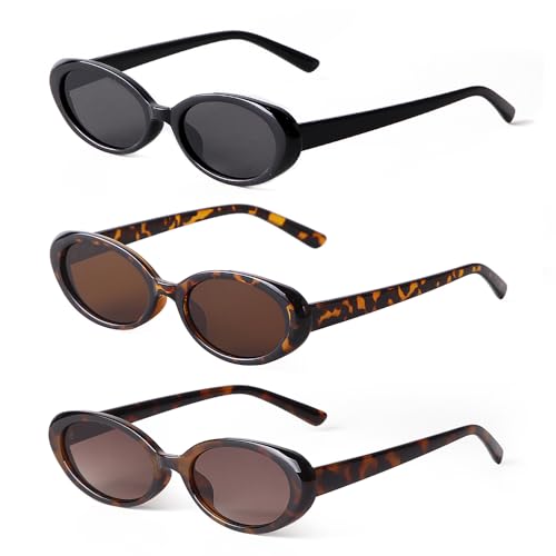 90s Sunglasses for Women Men Retro Small Oval Sunglasses - color: Black/Grey+leopard/Grey+tortoise/Gradient Brown