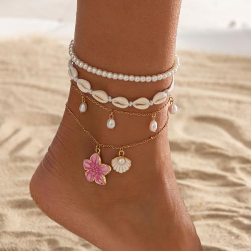Fashion Layered Flower Charm Anklet for Women Golden Cuban Link Chain Tassel Waterproof Ankle Bracelet Adjustable Beach Vacation Foot Jewelry Summer Accessories - color: Pearl white