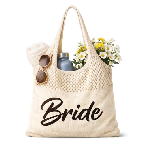 Shinylin Personalized Crochet Tote Bag for Beach Women Beige Mesh Knit Shoulder Bag Boho Aesthetic Tote for Women - style: Bride