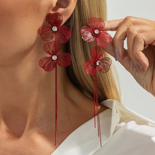 Boho Gold Flower Drop Dangle Earrings for Women Rhinestone Floral Leaf Chandelier Earring Layered Long Tassel Statement Floral Earring Prom Brides Wedding Party Fashion Jewelry Accessary - color: Red