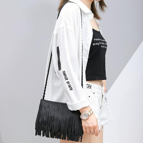 Hoce Women’s Leather Fringe Messenger Bag Large Hobo Crossbody Tassel Shoulder Bags, Gift for Mom Wife Girlfriend - color: Cd-black