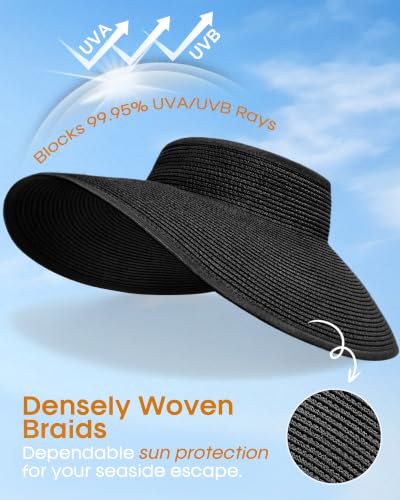 Womens Sun Visor Hats Wide Brim Straw Beach Hat UV Protection Ponytail Packable Beach Vacation Essentials - color: Black