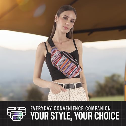 Boho Fanny Pack Belt bag - Crossbody Waist Bag for Men or Women - Hands-Free, Waterproof Large Bumbag for Hiking, Running, and Travel (Blue Vert) - color: Blue Vert v2