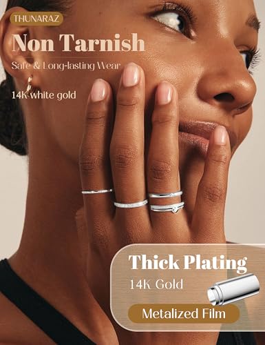 THUNARAZ 9Pcs Gold Stackable Rings for Women Non Tarnish Open Adjustable 14K Gold Plated Rings Trendy Stack Cubic Zirconia Thin Thumb Ring Set Minimalist Dainty Statement Band Ring - color: Silver Tone