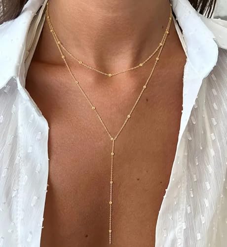 iF YOU Lariat Gold Long Necklaces for Women Trendy, Dainty 14K Gold Plated Drop Chain Necklace, Layered Rosary Beaded Y Necklaces Summer Beach Jewelry Gifts - color: Long beaded necklace-GLD