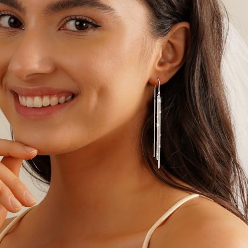 NECOCY Gold Dangle Earrings for Women Non Tarnish 14K Gold Plated Drop Wedding Hypallergenic Earring Dainty Long Hanging Chain CZ Pearl Threader Earrings Trendy Silver Plated Jewelry for Women - style: Silver&Style4