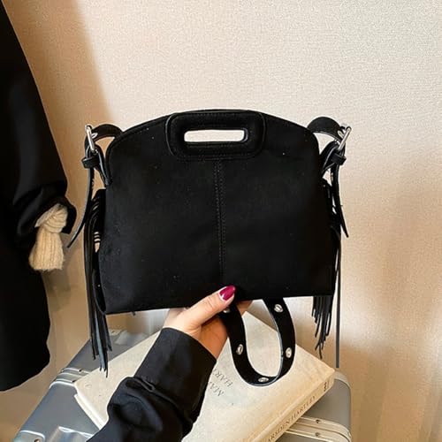 Women's Suede Fringe Crossbody Bag, Retro Hollow Handle Shoulder Purse, Novelty Fashion Tassels Bucket Bag Handbag - color: Black