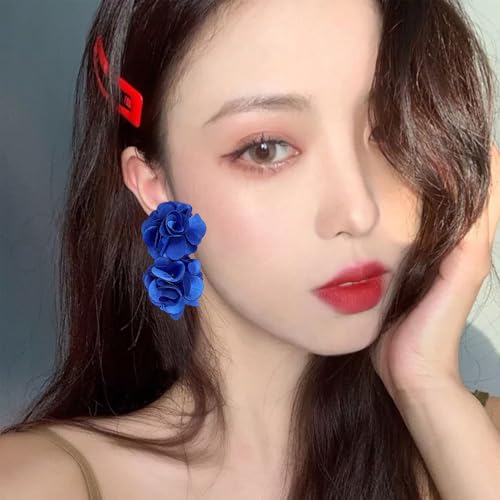 Oversized Fabric Flower Earrings for Women Statement Boho Chic Dangle Drop Earrings for Parties Weddings or Everyday Wear - color: Royal Blue