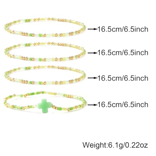 Gold Colorful Beaded Cross Bracelet Stack Set for Women,Handmade Bohemian Seed Beads Stacked Bracelets Fashion Holiday Jewelry Gift - color: Green