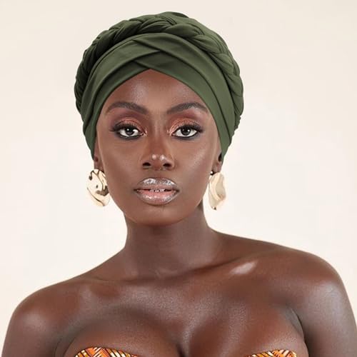 DRESHOW Turban Pre-Tied Twisted Hat Thread African Head Wraps for Black Women Chemo Cancer Cap Braid Hair Cover - color: 1 Pc Twisted Braid: Army Green