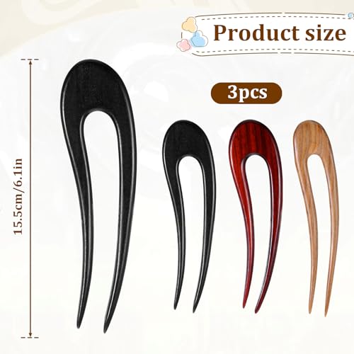 3 Pack Wooden Hair Sticks for Women, French U Shaped Hairpin with Two Prongs Hair Clips Handmade French Hairs Stick Vintage Matte Hairpins for Women Bun Updo Hairstyle