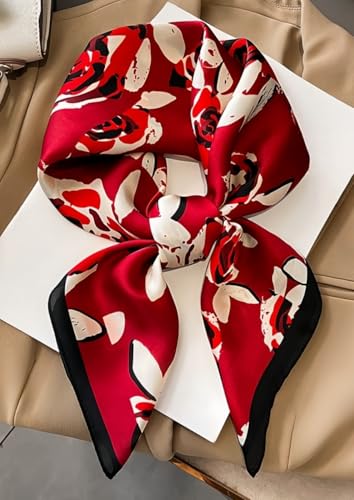 MINIDORA Satin Scarves for Women 27.5 × 27.5 inches Medium Square Elegant Silk Feeling Head Scarf - color: D005- Black and Red