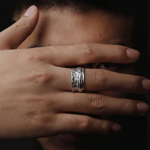 Stainless Steel Rings for Men Women, Vintage Chunky Silver Spinner Ring Band for Meditation, Relaxation& Stress Relief, Retro Wide Wrap Thumb Finger Midi Rings, Statement Cool Punk Band Ring Jewelry - color: R08Color2
