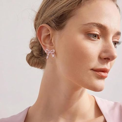 Rhinestone Bow Earrings for Women, Elegant Bridal Jewelry Statement Drop Dangle Earrings, Wedding Guest Dress Matching Accessories, Bridesmaid Gift, Sparkling Party Costume Outfit - color: A8:Red Bow Stud Earrings