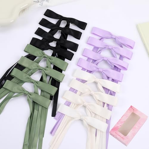 WORTL Hair Bows Clips Coquette Ribbon Bowknot with Long Tail Princess Hair Bows French Barrettes Hair Accessories for Women Girls 16PCS (Cream, Green, Purple, Black) - color: Cream, Green, Purple, Black