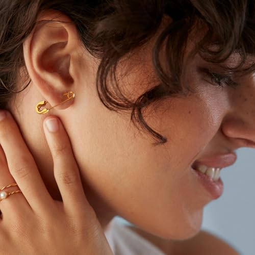 CHIC & ARTSY 925 Sterling Silver Safety Pin Earrings - Lightweight Comfortable Punk Paperclip Cartilage Hoop Earrings, Trendy Industrial Style Jewellery for Women and Men - color: Yellow-Small Heart