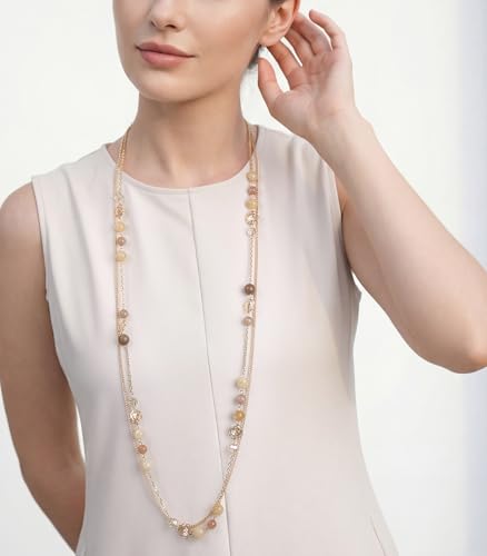 FULU AUTUMN Boho Gold Long Necklaces for Women Natural Stone Beaded Layered Long Necklace Mothers Day Gifts Dainty Flower Costume Jewelry for Women - color: Camel