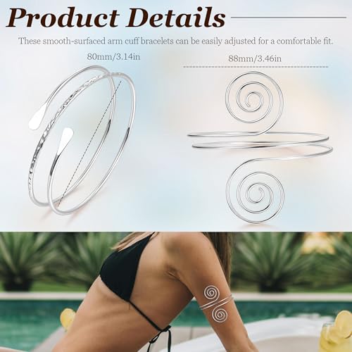2Pcs Gold Arm Cuff for Women Adjustable Arm Cuff Bracelet Minimalist Open Coil Upper Arm Band Cuff Bangle Set - style: Silver E