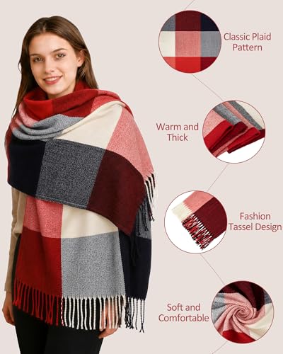 Loritta Womens Scarf Fashion Long Plaid Shawls Wraps Big Grid Winter Warm Lattice Large Scarves Gifts - color: A- Red Navy Lattice