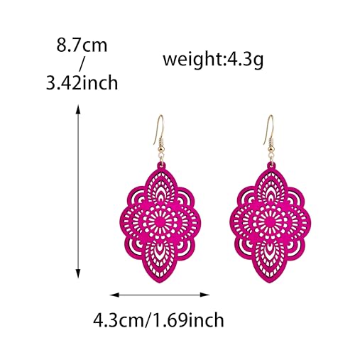 Bohemian Wood Earrings Natural Retro Lightweight Hollow Pattern Geometric Wooden Dangle Drop Earrings Statement Vintage Jewelry - color: rose red