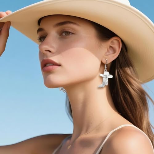 RechicGu 3 Pairs Western Cowgirl Cowboy Hat Earrings Set Silver Symmetric Boots Sparkly Rhinestone Tassels Drop Dangle Rural Culture Earrings Set For Women - color: Silver Boots,White Hat